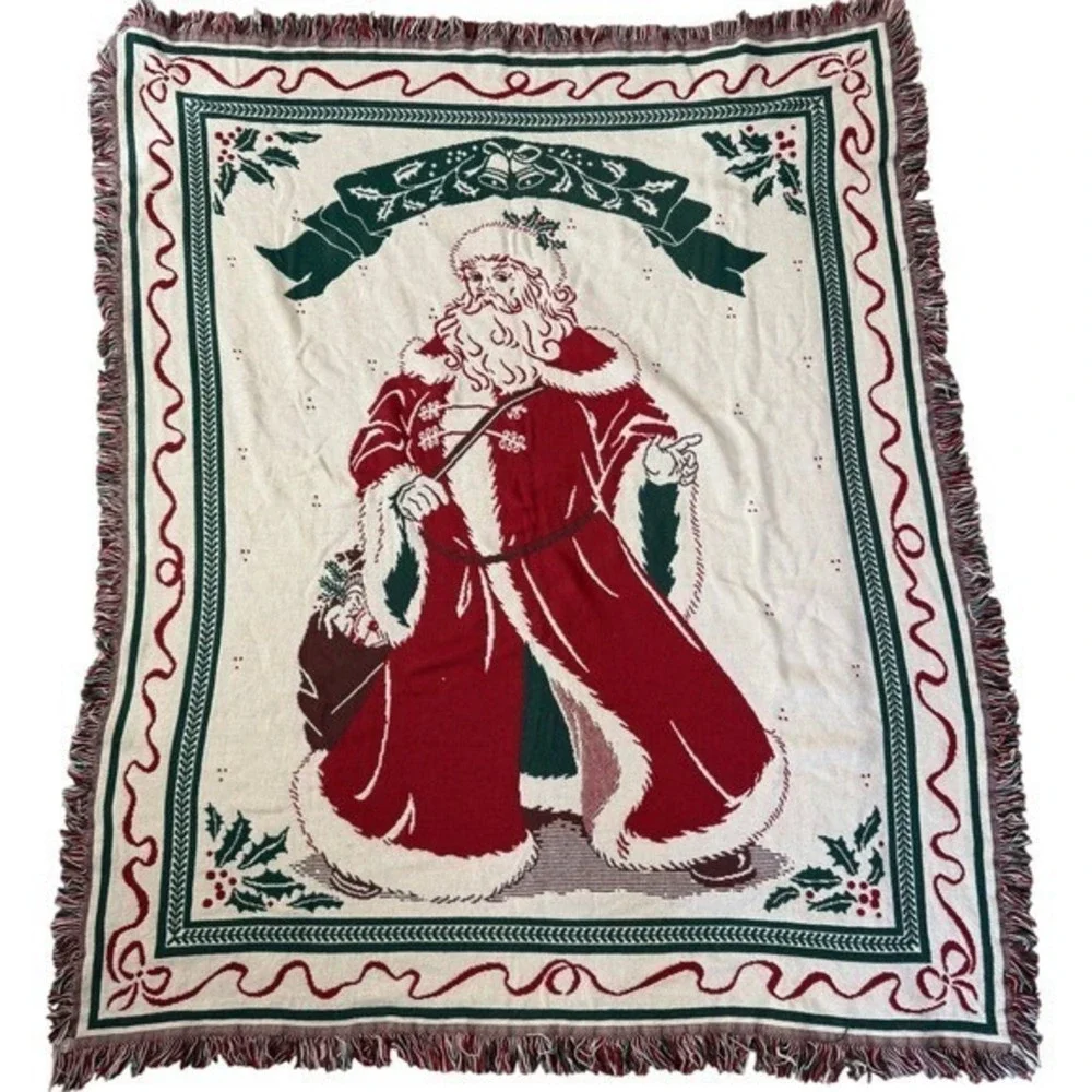 Vintage Christmas Throw Blanket Santa Claus Red Green Vintage Goodwin Weavers